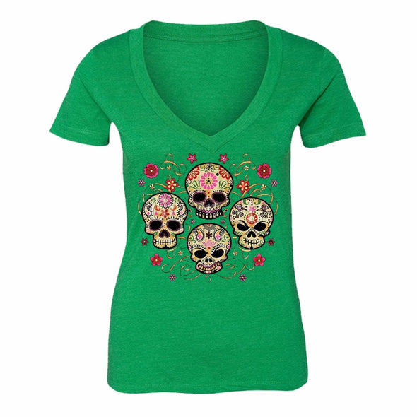 XtraFly Apparel Women's Muerte Four Sugarskull Skulls Day Of Dead V-neck Short Sleeve T-shirt