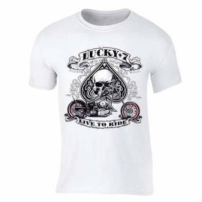 XtraFly Apparel Men's Lucky 7 Skull Live to Ride Biker Motorcycle Crewneck Short Sleeve T-shirt