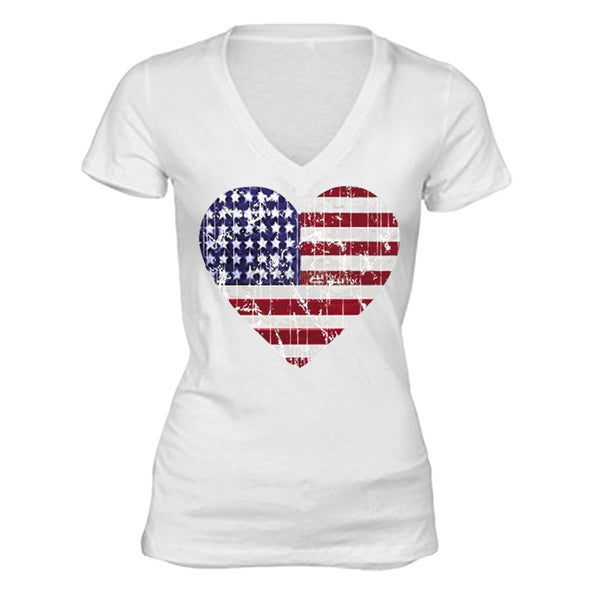 XtraFly Apparel Women's Distressed Heart Flag American Pride V-neck Short Sleeve T-shirt