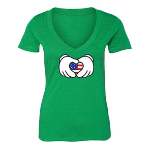 XtraFly Apparel Women's Hands Heart Flag American Pride V-neck Short Sleeve T-shirt
