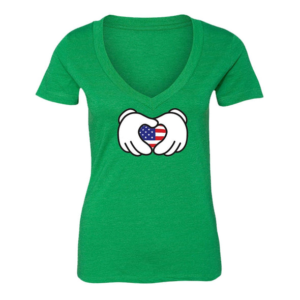 XtraFly Apparel Women's Hands Heart Flag American Pride V-neck Short Sleeve T-shirt