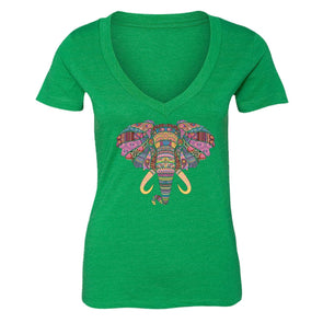 XtraFly Apparel Women's Elephant Head Tusk Pink Tribal Animal V-neck Short Sleeve T-shirt