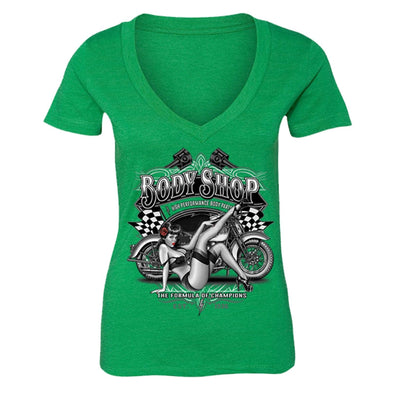 XtraFly Apparel Women's Body Shop Girl Biker Motorcycle V-neck Short Sleeve T-shirt