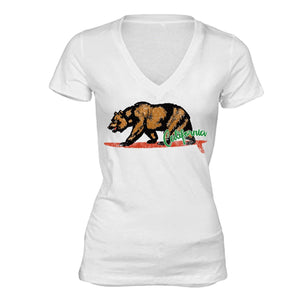 XtraFly Apparel Women's Surfing Bear California Pride V-neck Short Sleeve T-shirt