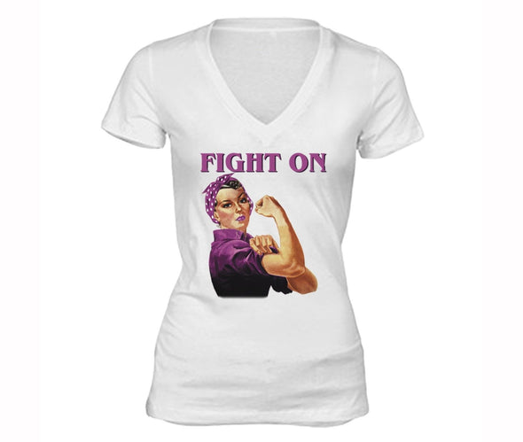 XtraFly Apparel Women's Rosie Riveter Fight Breast Cancer Ribbon V-neck Short Sleeve T-shirt
