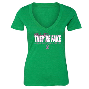 XtraFly Apparel Women's They're Fake Pink Breast Cancer Ribbon V-neck Short Sleeve T-shirt