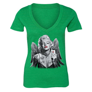 XtraFly Apparel Women's Selfie Angel Wings Marilyn Monroe V-neck Short Sleeve T-shirt