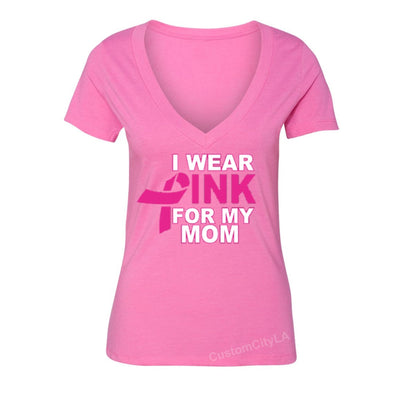 XtraFly Apparel Women's I Wear Pink Mom Breast Cancer Ribbon V-neck Short Sleeve T-shirt