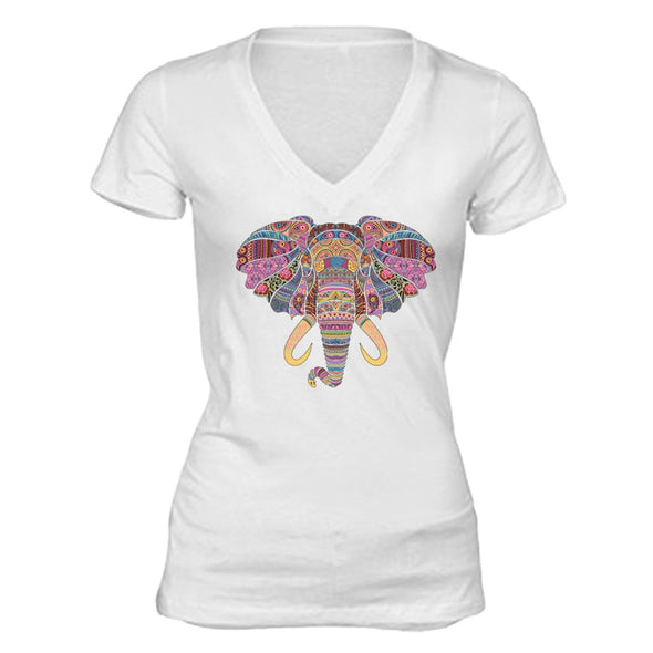 XtraFly Apparel Women's Elephant Head Tusk Pink Tribal Animal V-neck Short Sleeve T-shirt