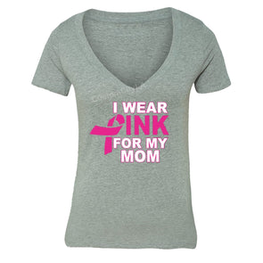 XtraFly Apparel Women's I Wear Pink Mom Breast Cancer Ribbon V-neck Short Sleeve T-shirt