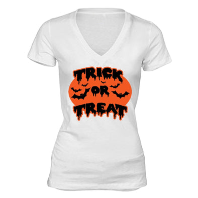 XtraFly Apparel Women's Trick or Treat Bats Halloween Pumpkin V-neck Short Sleeve T-shirt