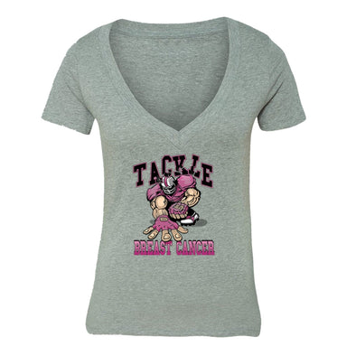 XtraFly Apparel Women's Tackle Pink Player Breast Cancer Ribbon V-neck Short Sleeve T-shirt