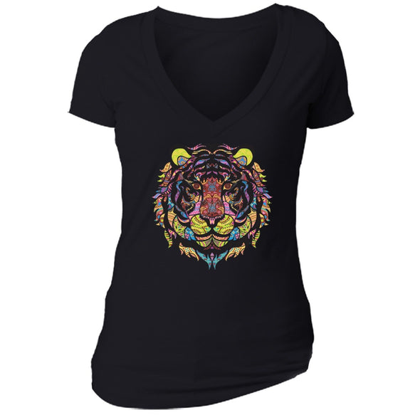 XtraFly Apparel Women's Tiger Pink Tribal Animal V-neck Short Sleeve T-shirt