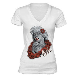 XtraFly Apparel Women's Dead Dia Los Muertos Marilyn Monroe V-neck Short Sleeve T-shirt