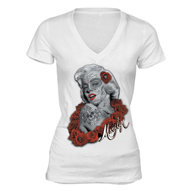 XtraFly Apparel Women's Dead Dia Los Muertos Marilyn Monroe V-neck Short Sleeve T-shirt