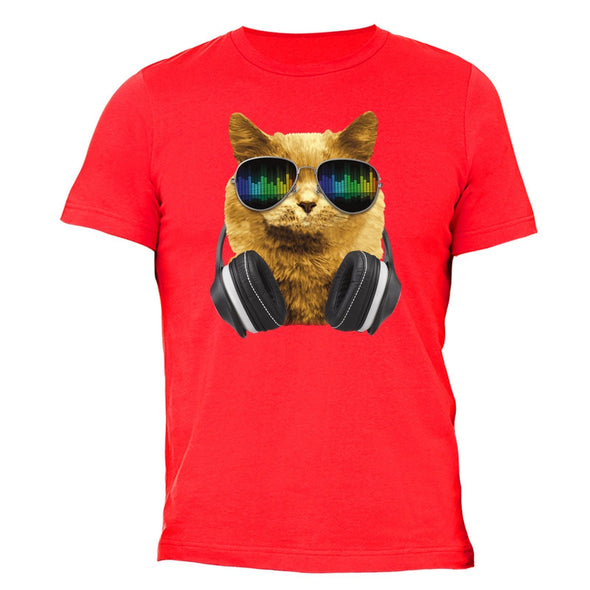 XtraFly Apparel Men's Cat DJ Headphones Animal Lover Crewneck Short Sleeve T-shirt