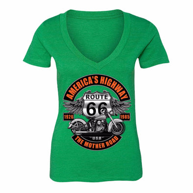 XtraFly Apparel Women's Route 66 America's Highway Biker Motorcycle V-neck Short Sleeve T-shirt