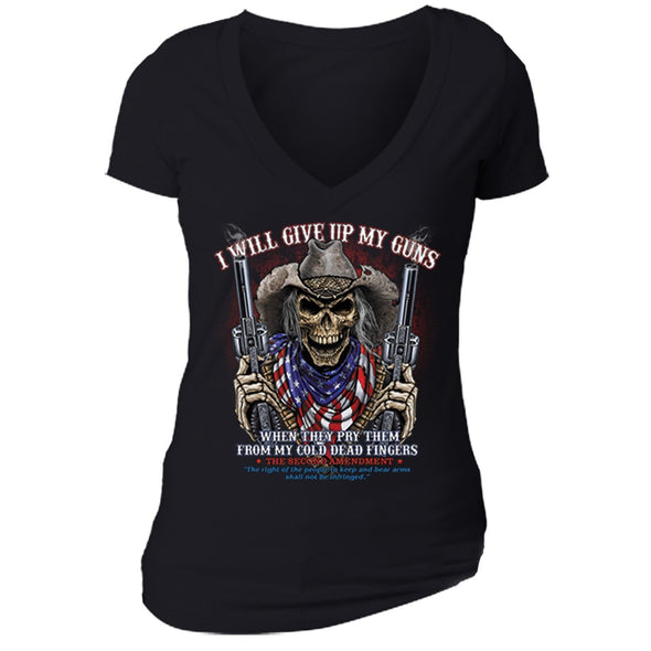 XtraFly Apparel Women's Give up Guns Skull Flag 2nd Amendment V-neck Short Sleeve T-shirt