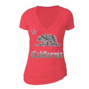 XtraFly Apparel Women's Paisley Bear CA California Pride V-neck Short Sleeve T-shirt