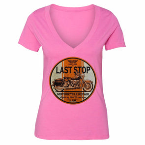 XtraFly Apparel Women's Last Stop Repair Biker Motorcycle V-neck Short Sleeve T-shirt