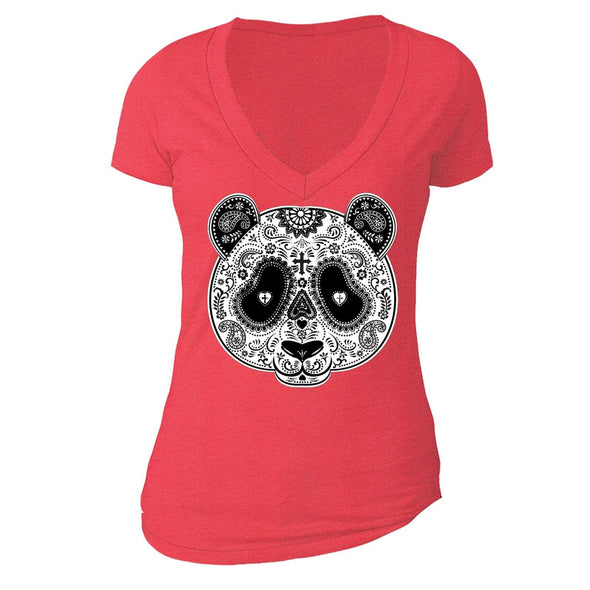 XtraFly Apparel Women's Panda Sugarskull Skulls Day Of Dead V-neck Short Sleeve T-shirt