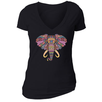 XtraFly Apparel Women's Elephant Head Tusk Pink Tribal Animal V-neck Short Sleeve T-shirt