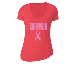 XtraFly Apparel Women's Survivor Pink Breast Cancer Ribbon V-neck Short Sleeve T-shirt