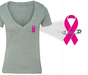 XtraFly Apparel Women's Pocket Pink Ribbon Breast Cancer Ribbon V-neck Short Sleeve T-shirt