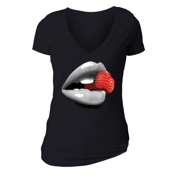 XtraFly Apparel Women's Strawberry Lips Novelty Gag V-neck Short Sleeve T-shirt