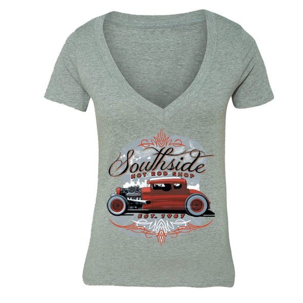XtraFly Apparel Women's South Side Hot Rod Car Truck Garage V-neck Short Sleeve T-shirt