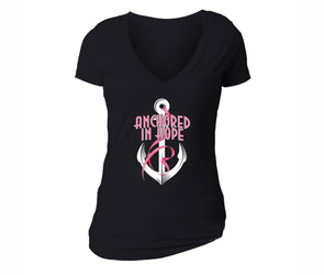 XtraFly Apparel Women's Anchored Hope Breast Cancer Ribbon V-neck Short Sleeve T-shirt