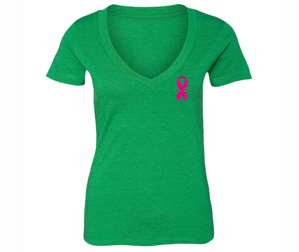 XtraFly Apparel Women's Pocket Pink Ribbon Breast Cancer Ribbon V-neck Short Sleeve T-shirt