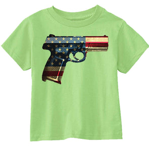 XtraFly Apparel Boys Gun Pistol Flag American Pride Crewneck Short Sleeve T-shirt