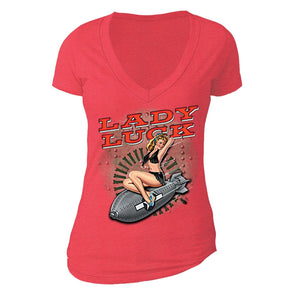 XtraFly Apparel Women's Lady Luck Bomb Military Pow Mia V-neck Short Sleeve T-shirt