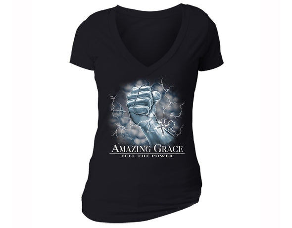 XtraFly Apparel Women's Amazing Grace Jesus Church Christian Faith V-neck Short Sleeve T-shirt