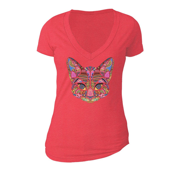 XtraFly Apparel Women's Cat Pussy Cat Pink Tribal Animal V-neck Short Sleeve T-shirt