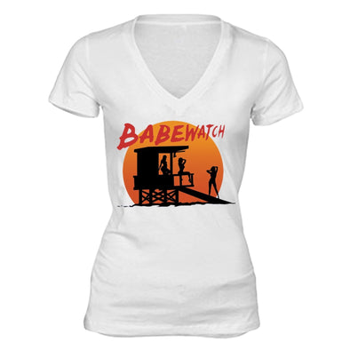 XtraFly Apparel Women's Babewatch Lifeguard Tower Novelty Gag V-neck Short Sleeve T-shirt
