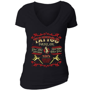 XtraFly Apparel Women's Tattoo Parlor Ink Inked Novelty Gag V-neck Short Sleeve T-shirt