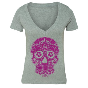 XtraFly Apparel Women's Pink Sugarskull Muerte Skulls Day Of Dead V-neck Short Sleeve T-shirt