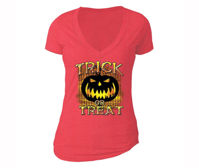 XtraFly Apparel Women's Trick or Treat Bones Halloween Pumpkin V-neck Short Sleeve T-shirt