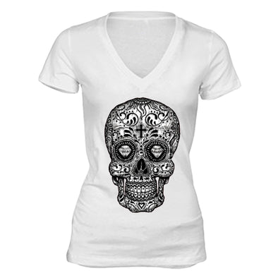 XtraFly Apparel Women's Diamond Cross Muerte Skulls Day Of Dead V-neck Short Sleeve T-shirt