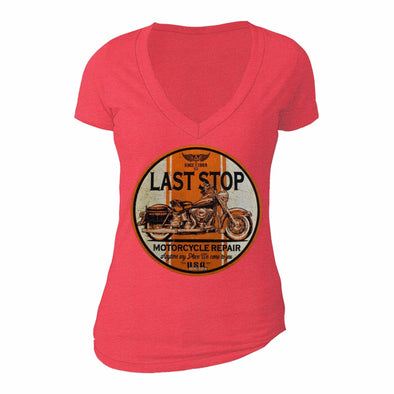XtraFly Apparel Women's Last Stop Repair Biker Motorcycle V-neck Short Sleeve T-shirt