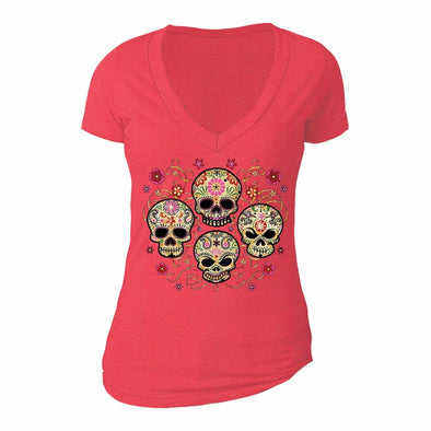 XtraFly Apparel Women's Muerte Four Sugarskull Skulls Day Of Dead V-neck Short Sleeve T-shirt