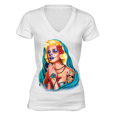 XtraFly Apparel Women's Guadalupe Dia Los Muertos Marilyn Monroe V-neck Short Sleeve T-shirt