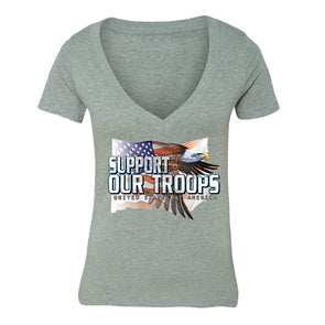 XtraFly Apparel Women's Support Troops Eagle Flag Military Pow Mia V-neck Short Sleeve T-shirt