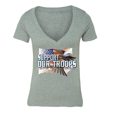 XtraFly Apparel Women's Support Troops Eagle Flag Military Pow Mia V-neck Short Sleeve T-shirt