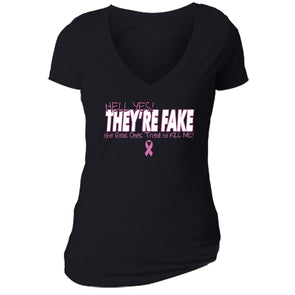 XtraFly Apparel Women's They're Fake Pink Breast Cancer Ribbon V-neck Short Sleeve T-shirt