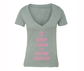 XtraFly Apparel Women's Never Give Up Pink Breast Cancer Ribbon V-neck Short Sleeve T-shirt