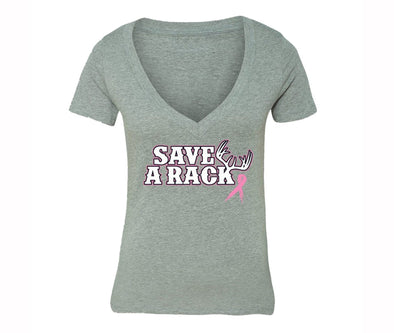 XtraFly Apparel Women's Save A Rack Antlers Breast Cancer Ribbon V-neck Short Sleeve T-shirt