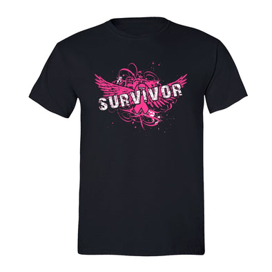 XtraFly Apparel Men's Survivor Pink Wings Breast Cancer Ribbon Crewneck Short Sleeve T-shirt